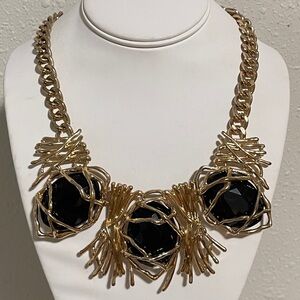 Statement Necklace Gold Tone Black Stone Chunky Chain Bib Style